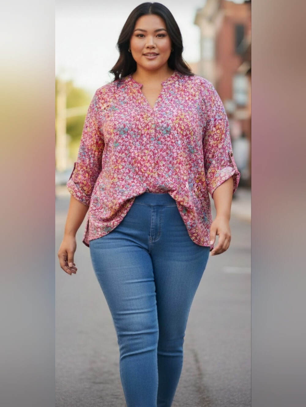 Dear Scarlett Lizzy Relaxed Flowy V-Neck Pink Floral Roll-Tab Tunic Size 2X NWT